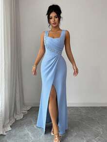 SHEIN Elenzya Đầm dự tiệc cocktail nhẹ nhàng, cổ vuông đính ngọc trai, viền bèo nhún, xẻ tà thanh lịch, lãng mạn, tinh tế dành cho quý cô - Màu xanh lam - Xem 6
