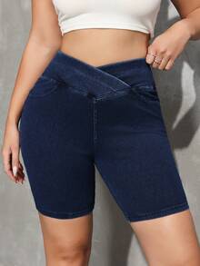 SHEIN Tall Women's High Waist Pocketed Casual Versatile Daily Wear Denim Shorts - Dark Wash - View 4