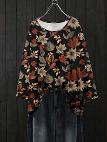 EMERY ROSE Camisa de manga larga de cuello redondo, estilo casual y holgado, elegante para ir al trabajo o de vacaciones. Tela versátil y cómoda, camisa de talla grande para primavera/verano/otoño, camisa de talla grande con estampado de cuello redondo - Multicolor - Ver 1