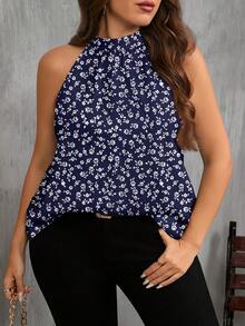 EMERY ROSE Plus Size Women All-Over Print Halter Casual Minimalist Shirt, Suitable For Summer Daily Wear - Navy Blue - View 3