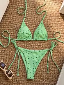Swim Mod 女士夏季新款性感露背系带低腰薄荷绿波点印花比基尼套装 - 薄荷綠 - 查看 3
