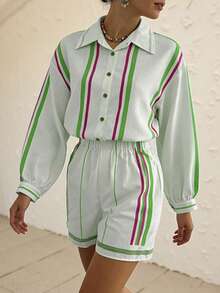 Balvessa Women's Striped Print Loose Shirt + Matching Shorts 2 Pieces Set - Green - View 4