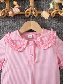 SHEIN Genkimix Kids 女童条纹荷叶边休闲百搭日常短袖T恤 - 粉色 - 查看 3