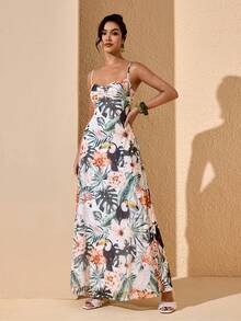 JIAN LASALA Multi Floral Tropical Print Mesh Ruched Bustier Spaghetti Straps Women Sleeveless Maxi Dress - Multicolor - View 1
