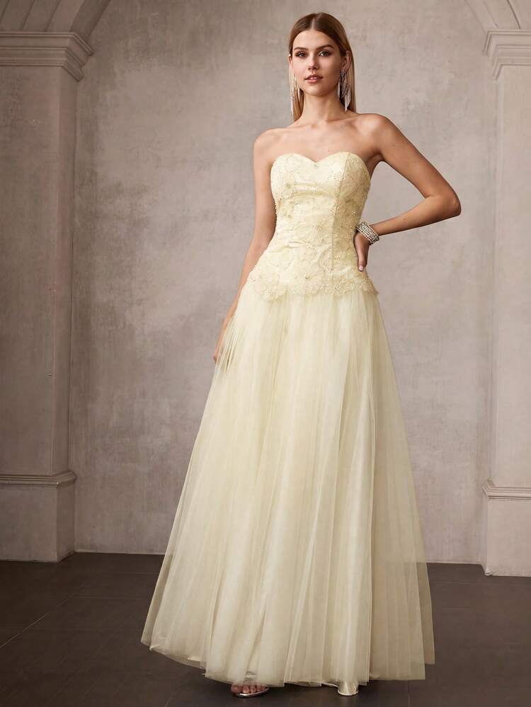 MOTF Soiréza ELEGANT STRAPLESS MAXI SATIN & MESH PARTY GOWN – 3D FLORAL EMBROIDERY, SPARKLY FAUX PEARL ACCENTS, FORM-FITTING SILHOUETTE WITH VOLUMINOUS SPLICED MESH A-LINE DRESS | PERFECT FOR PARTIES, GALAS, NEW YEAR'S EVE & FORMAL EVENTS,SPRING OUTFITS SUMMER DRESSES