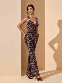 JIAN LASALA Bộ jumpsuit nữ in họa tiết toàn thân, cổ chữ V, chất liệu lưới, xếp ly, dáng suông, xẻ tà, phong cách boho, thường ngày, thích hợp cho kỳ nghỉ hè. - Nhiều màu - Xem 4