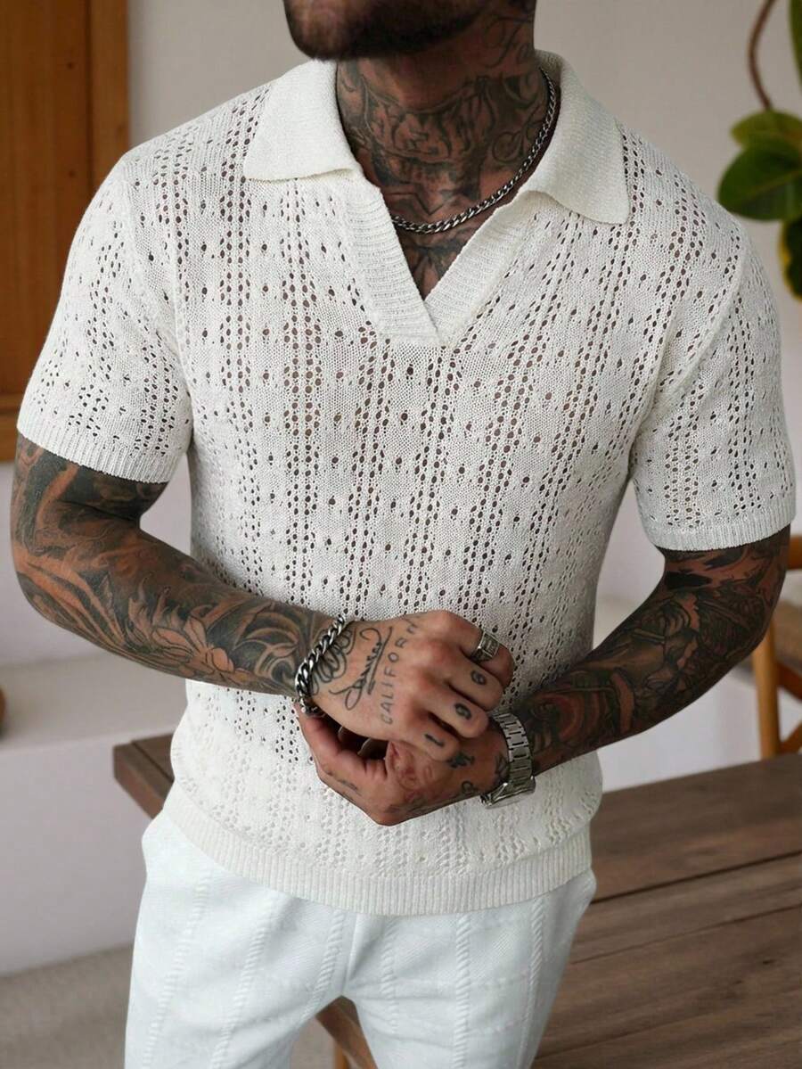 Manfinity Homme 男士休闲宽松短袖镂空针织衫,夏季舒适透气轻盈针织上衣,适合休闲穿着,也适合度假和情人节穿着。男士钩针衬衫,白色蕾丝男士衬衫 - 白色 - 查看 1