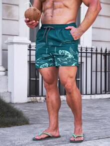 Manfinity Swimmode 男士休闲鲸鱼印花抽绳腰沙滩短裤，夏季 - 青碧色 - 查看 4