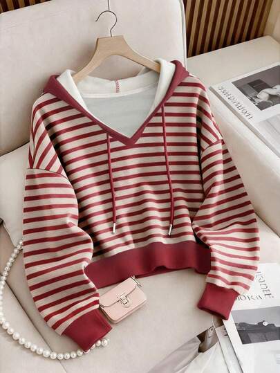 Lalippa Women's Autumn Casual Hooded Sweatshirt, Classic Striped Graphic Print, Stylish Design, Versatile For Daily Wear