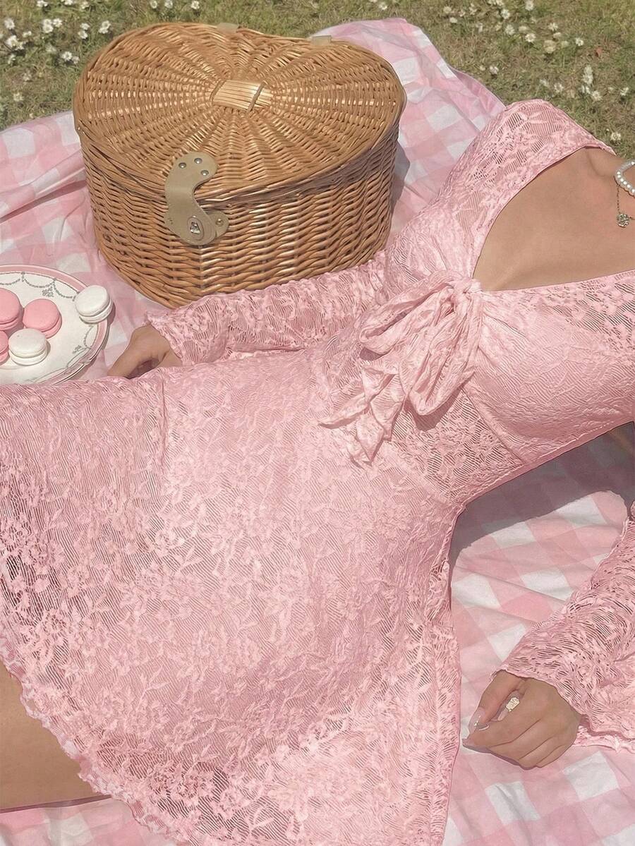 SHEIN MOD 女士花卉蕾丝前系带长袖优雅迷你连衣裙 - 淺粉色 - 查看 1