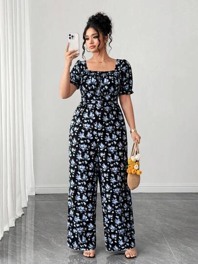 GlowEve CURVE プラスサイズ レディース ディジー フローラル ウエストシンチ パフスリーブ ロングジャンプスーツ