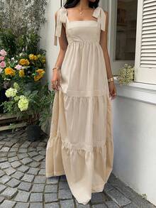 SHEIN Unity Vestido maxi de corte evasé con espalda abierta y lazada, cuello cuadrado, cintura alta y rayas azules, para primavera/verano y vacaciones - Caqui - Ver 5