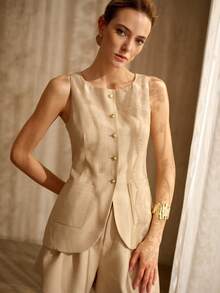 MOTF PREMIUM 2PCS WOMEN'S KHAKI COMMUTER STYLISH & ELEGANT TOP & SHORTS SET - Khaki - View 6