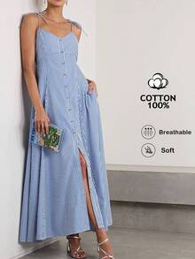 Briarwyn Đầm maxi nữ kẻ sọc cài nút có túi, đầm dài cotton, đầm cài cúc, đầm cotton thường ngày/đầm cotton/kẻ sọc trắng xanh, trang phục mùa hè cho nữ, trang phục mùa xuân cho nữ, trang phục nghỉ hè, ngày lễ tình nhân, ngày lễ Thánh Patrick cho nữ, trang phục đi biển cho nữ, trang phục đi chơi, đầm ngày lễ tình nhân, đầm dạ hội sang trọng cho đám cưới, đầm thường ngày cho nữ, đầm dự tiệc cho nữ. - Xanh và trắng - Xem 7