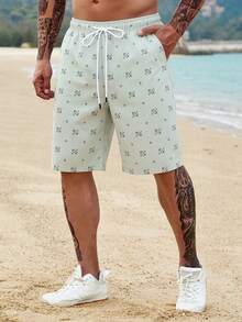 Manfinity RSRT Men's Letter Print Drawstring Waist Pocket Casual Versatile Daily Wear & Beach Shorts - Mist Green - View 1