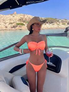 SHEIN Swim 夏季海滩系带前抹胸丁字裤比基尼两件套比基尼女士比基尼套装抹胸比基尼 - 珊瑚粉 - 查看 8