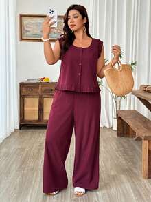 Weeklong Plus Size Women's New Elegant Casual Design Ruffled Trim Sleeveless Top And Wide Leg Pants 2-Piece Set - Burgundy - View 7