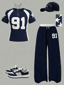 2pcs/Set Girls Fashionable T-Shirt And Pants Set, Featuring Numeric Graphic Print Top And Contrast Waistband Pants, Comfortable And Stylish - Royal Blue - View 3