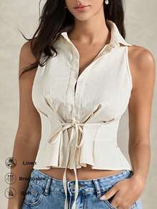 Briarwyn 2026新款女士纯色休闲衬衫，春夏假日，情人节，假期，夏季假期，海滩度假，外出，黄色上衣，夏季上衣，外出上衣，休闲 - 杏色 - 查看 3