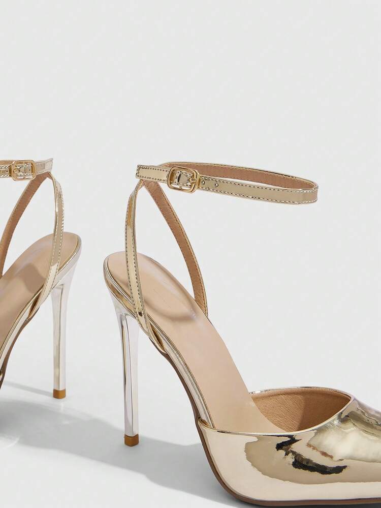 CUCCOO SZL Women Shoes Pointed Thin High Heel Gold Glossy Ankle Strap Women's Shoes Simple Temperament Fashion Sexy Party Banquet Nightclub Women's High Heel Shoes Women's Shoes