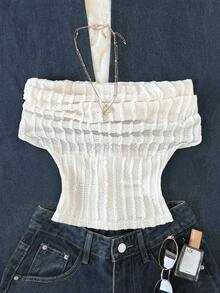 SHEIN Tween Girl Casual Off-Shoulder Ruched Back Hollow T-Shirt - Yellow - View 4