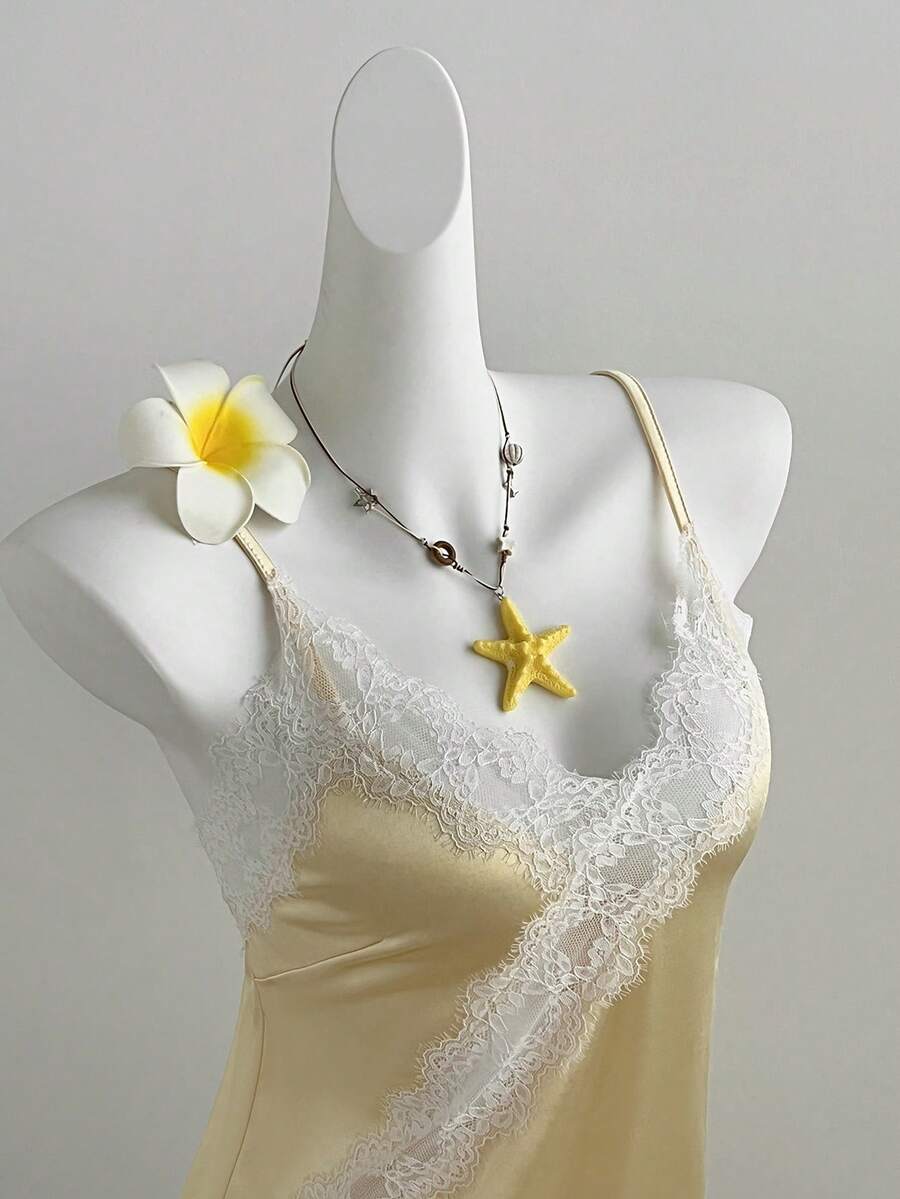 Elamini 女士春夏蕾丝拼接真丝吊带裙，休闲日常穿着，百搭外出，性感优雅，浪漫海滩度假风 - 黃色 - 查看 1