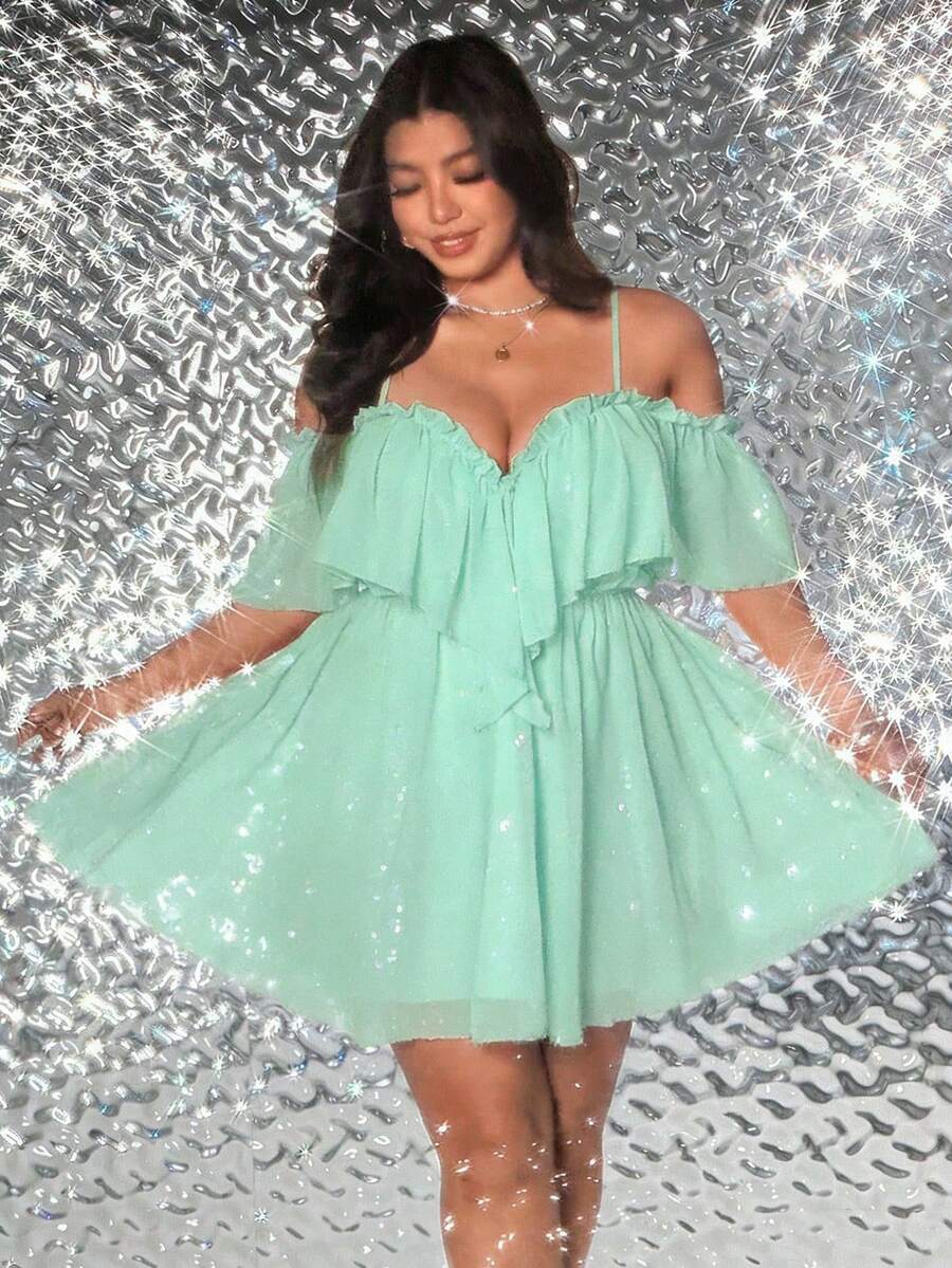 Viva Relle Plus Size Women Solid Color Off-Shoulder Ruffle Hem Fashionable Party Dress - Mint Green - View 1