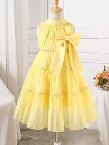 Elladie kids 少女公主风薄纱3D蝴蝶中长优雅连衣裙 - 黃色 - 查看 4