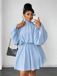 Maweii Plus Size Women Solid Color Pleated Collar Fashion Date Party Dress - Mint Blue - View 3