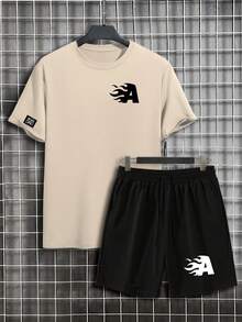 Manfinity Homme Bộ áo thun và quần short nam phối hợp họa tiết ngọn lửa và chữ cái, màu kaki, trang phục thường ngày. - màu đen - Xem 3