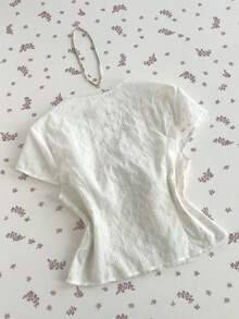 Elamini 女士春夏蕾丝刺绣系带短袖衬衫，休闲甜美、浪漫性感、海滩度假风 - 白色 - 查看 2