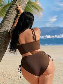 SHEIN Swim Vcay 两件套加大码女士优雅复古贝壳装饰V领套装，性感优雅的夏季海滩度假装扮 - 咖啡棕 - 查看 2