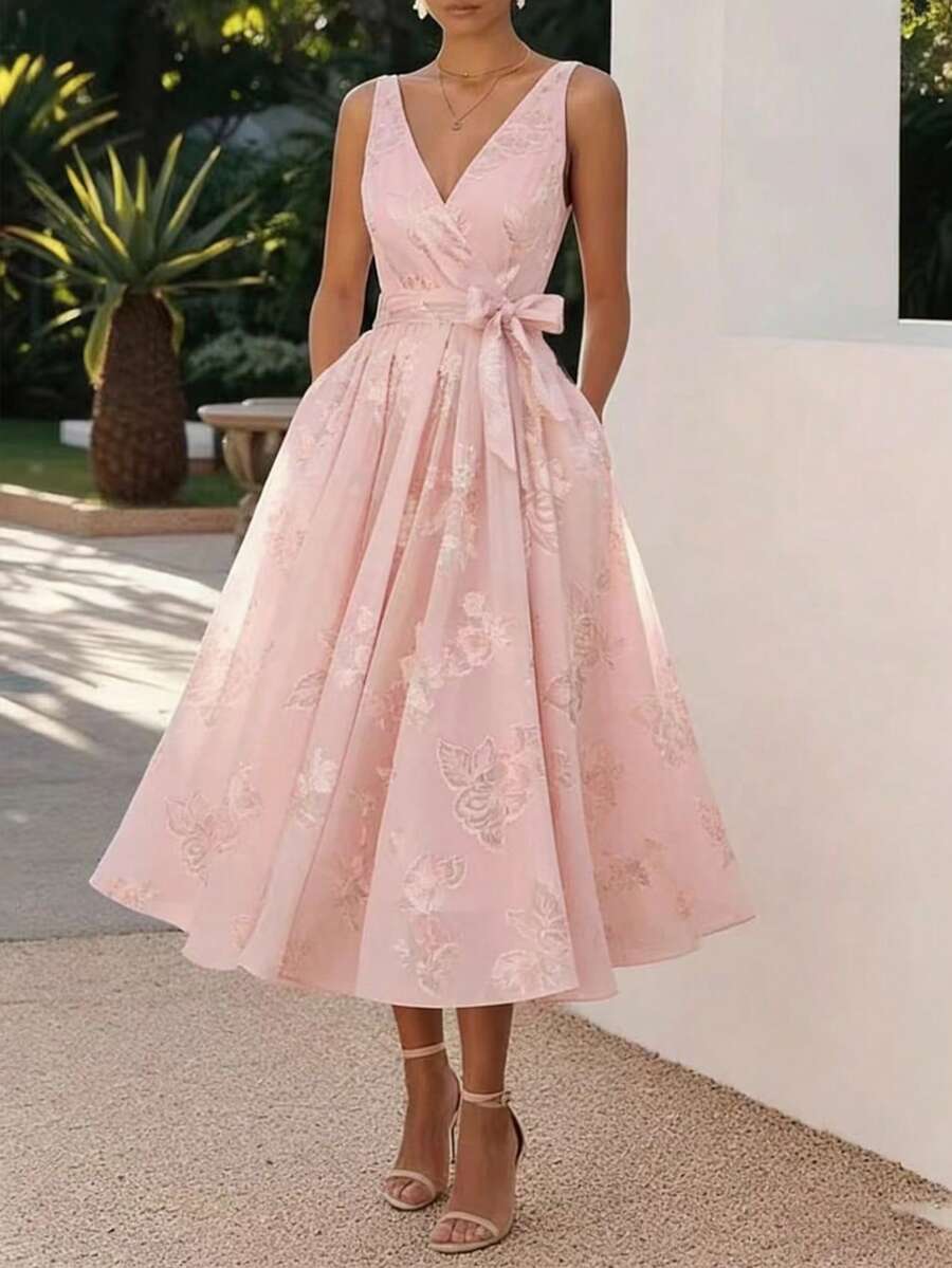EMERY ROSE V领优雅浪漫雪纺印花连衣裙，适合度假和通勤，时尚高端法式风格 - 粉色 - 查看 1