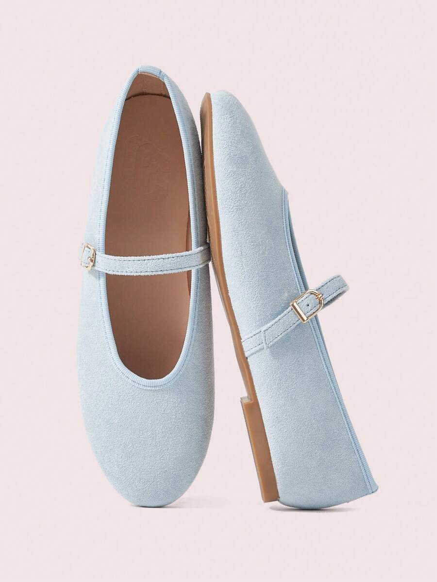 CUCCOO DOLLMOD 女士浅蓝色仿麂皮面料时尚简约金色搭扣可爱圆头平底玛丽珍鞋，适合假日聚会 - 淺藍色 - 查看 1