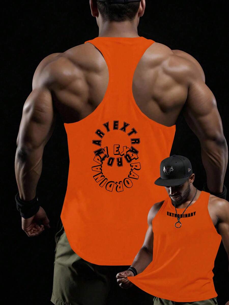 GymBeat 字母印花圆领男士时尚运动背心，夏季 - 橘色 - 查看 1