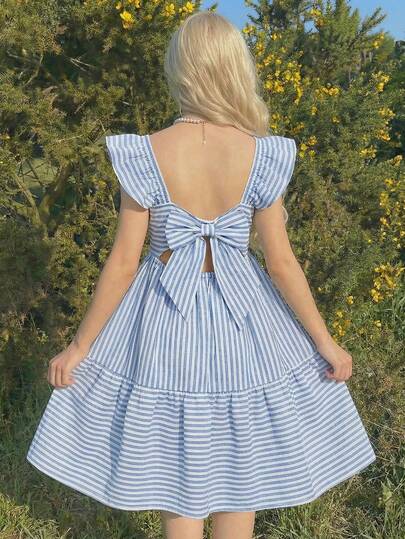 SHEIN Vestido de línea A de rayas azules y blancas con decoración de lazo hueco y mangas cortas casual para vacaciones de verano de niñas preadolescentes