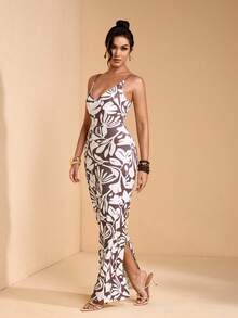 JIAN LASALA 全身印花吊带V领系带露背镂空女式长裙夏季度假休闲 - 彩色 - 查看 1