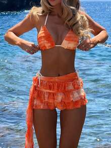 Swim Glamine 女士扎染荷叶边露背性感比基尼三件套，沙滩度假 - 彩色 - 查看 1