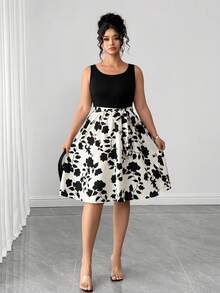 Elenzga Plus Size Women Plant Print Round Neck Sleeveless Casual Dress - Black and White - View 7