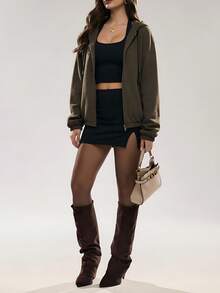 Glamine Women's Solid Color Zip-Up Hooded Casual Versatile Daily Wear Long Sleeve Jacket - Brown - View 3