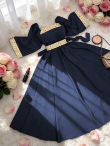 Lyxana Brown Square Collar Woven Belt Wrap Elegant Dress For Women - Navy Blue - View 3