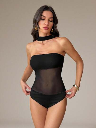 SHEIN Tall Mono negro sólido sin tirantes y transparente sexy para mujer, adecuado para festivales de música, conciertos, fiestas, vacaciones, uso diario, celebraciones, actividades callejeras y atuendos de festival