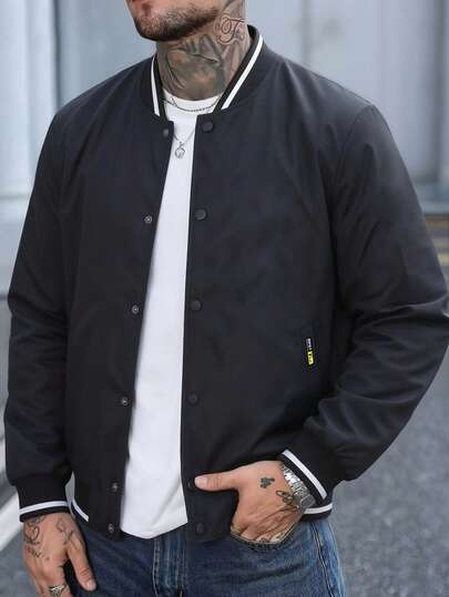 Manfinity Homme Veste à col de baseball pour hommes, à simple boutonnage, polyvalente pour un port quotidien, à manches longues