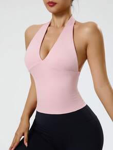 Sovereign Charm Women's Solid Color Deep V-Neck Sports Tank Top - Pink - View 5