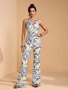 JIAN LASALA All-Over Print Mesh V Neckline Halter Tie Backless Women Flared Leg Jumpsuit Summer Vacation - Multicolor - View 3