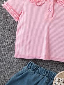SHEIN Genkimix Kids 女童条纹荷叶边休闲百搭日常短袖T恤 - 粉色 - 查看 4