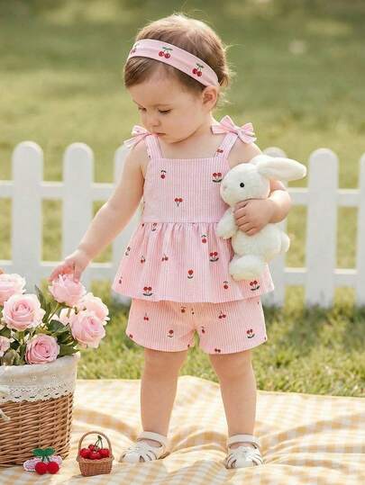 Souflis Souflis 2件套女婴幼儿/新生儿0-3岁春夏休闲可爱度假条纹樱桃印花吊带背心+短裤套装