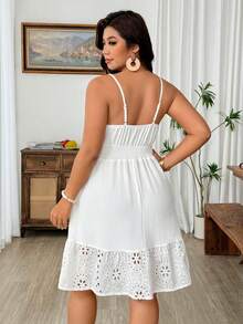 Weeklong Plus Size Women's Fashionable Delicate Vacation Elastic Waist Hollow-Out A-Line Slip Dress, Spring/Summer Vacation White Goth - White - View 2