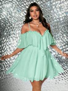 Viva Relle Plus Size Women Solid Color Off-Shoulder Ruffle Hem Fashionable Party Dress - Mint Green - View 7