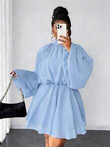 Maweii Plus Size Women Solid Color Pleated Collar Fashion Date Party Dress - Mint Blue - View 4